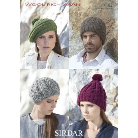 Sirdar Ladies and Mens Aran Hat Pattern 7182